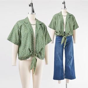 Vintage 90s Polka Dot Blouse Green and White Layered Top with Tie Waist M